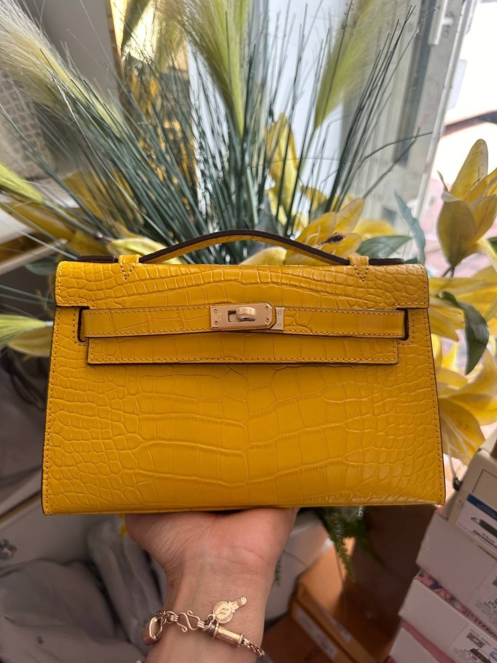 Hermes Yellow Croc-Embossed Mini Top Handle Bag